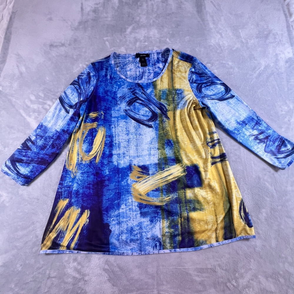 Ali Miles Tunic Top Women Sz L Colorful 3/4 Sleeve Artsy Abstract Print Blouse - Picture 3 of 11